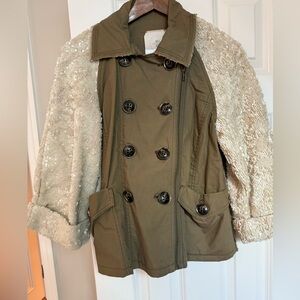 Olive Green Double-Breasted Jacket with Sequin Sleeves